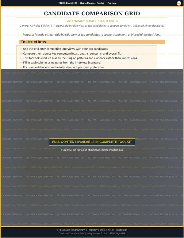 Hiring Manager Toolkit — candidate comparison grid preview