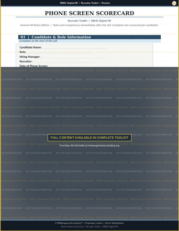 Recruiter Toolkit — phone screen scorecard preview